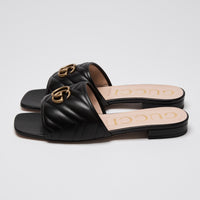 Gucci Black Quilted Chevron Nappa Leather GG Marmont Sandals Size 41