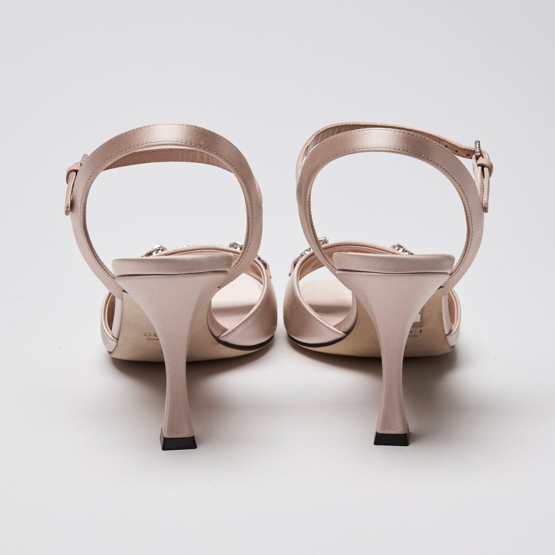 Gucci Blush Pink Satin Crystal Horsebit Ankle Strap Sandals Size 39