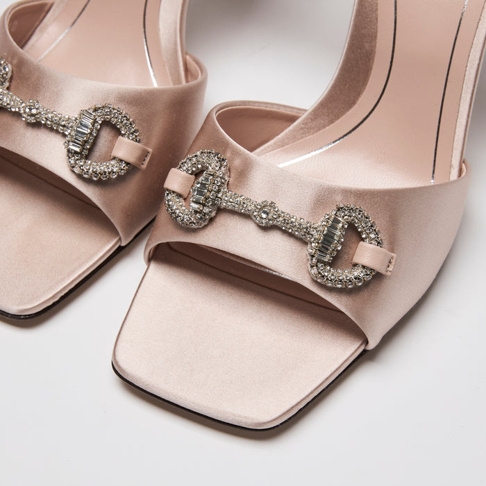 Gucci Blush Pink Satin Crystal Horsebit Ankle Strap Sandals Size 39
