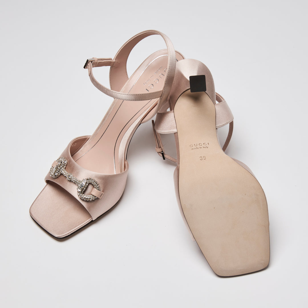 Gucci Blush Pink Satin Crystal Horsebit Ankle Strap Sandals Size 39