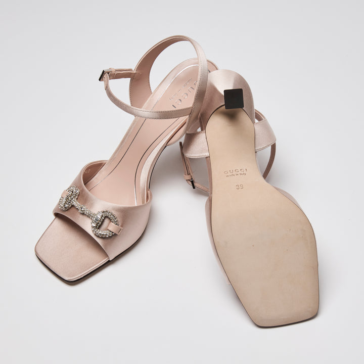 Gucci Blush Pink Satin Crystal Horsebit Ankle Strap Sandals Size 39
