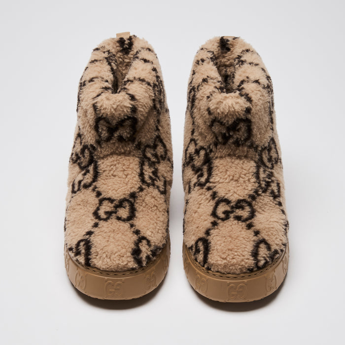 Gucci Beige Shearling GG Print Platform Ankle Boots Size 38