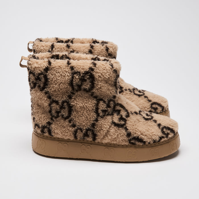 Gucci Beige Shearling GG Print Platform Ankle Boots Size 38