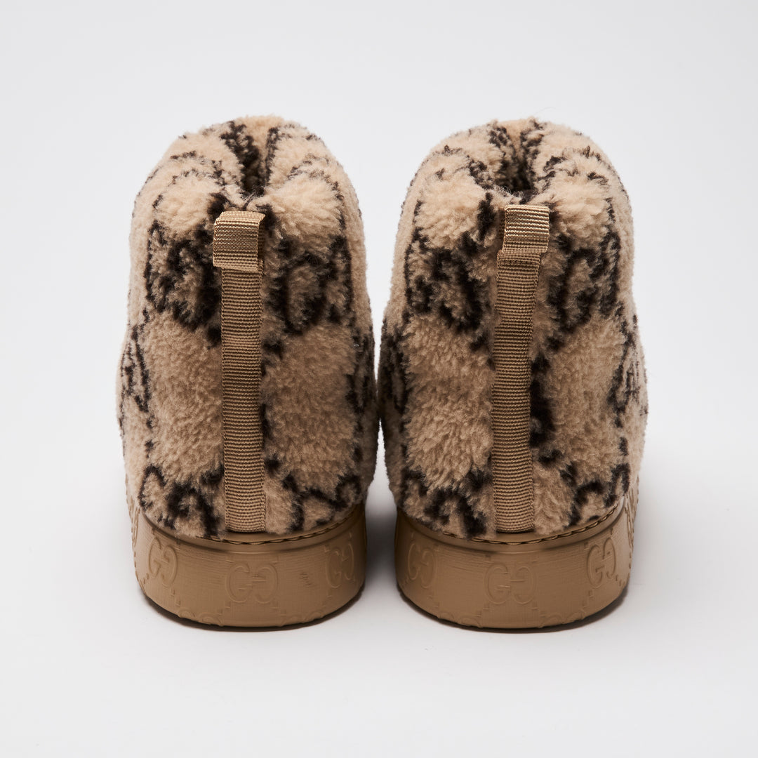 Gucci Beige Shearling GG Print Platform Ankle Boots Size 38