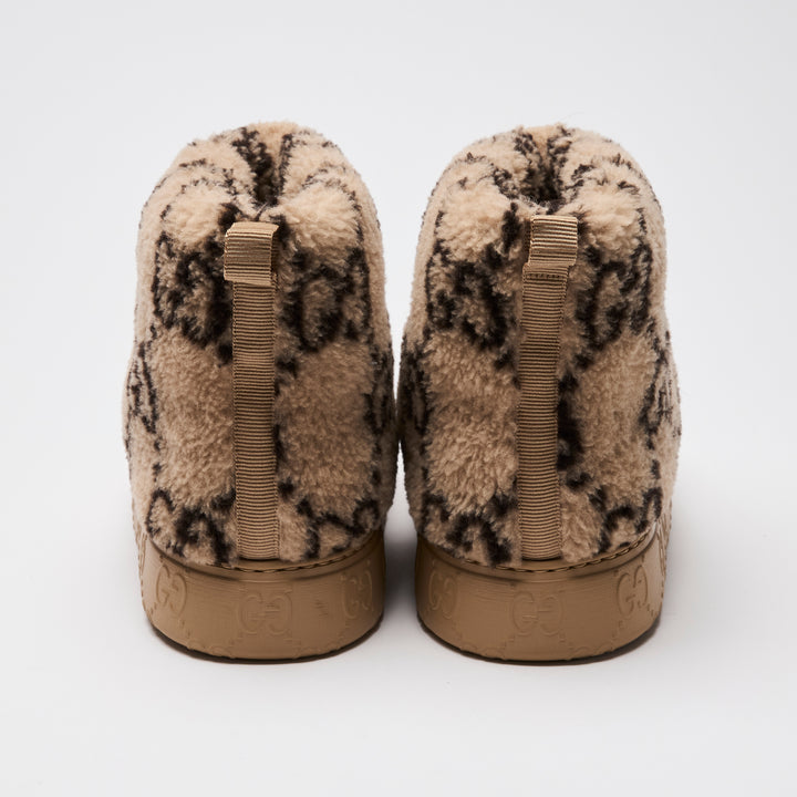 Gucci Beige Shearling GG Print Platform Ankle Boots Size 38