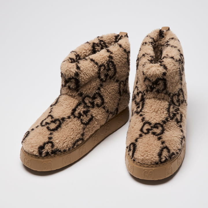 Gucci Beige Shearling GG Print Platform Ankle Boots Size 38