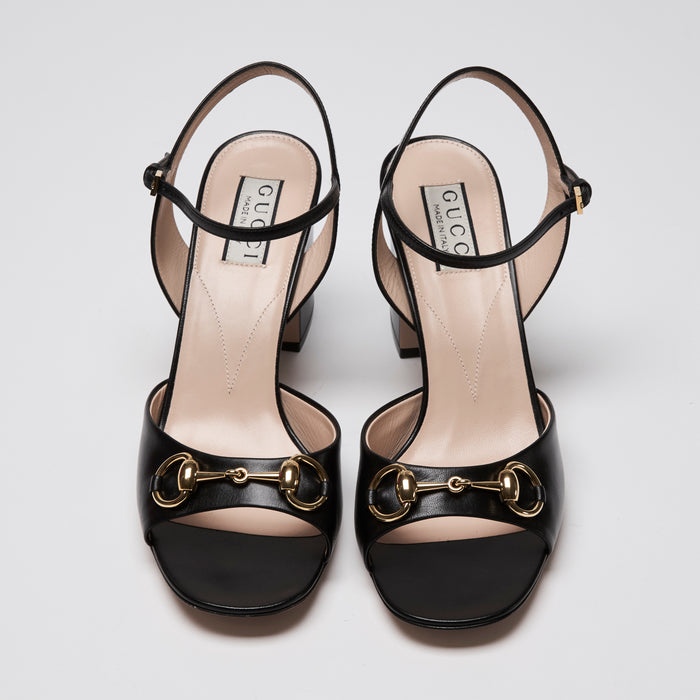 Gucci Black Calf Leather Gold Horsebit Ankle Strap Block Heel Sandals Size 39