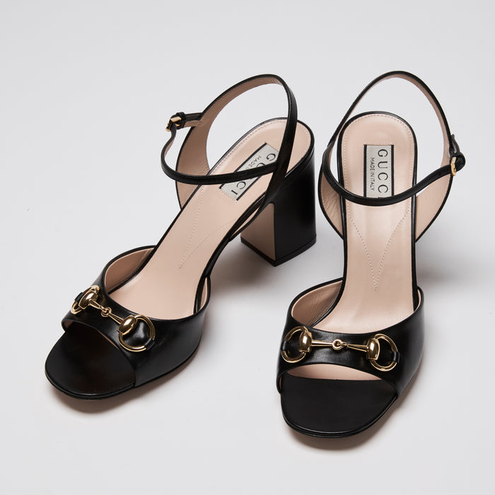 Gucci Black Calf Leather Gold Horsebit Ankle Strap Block Heel Sandals Size 39