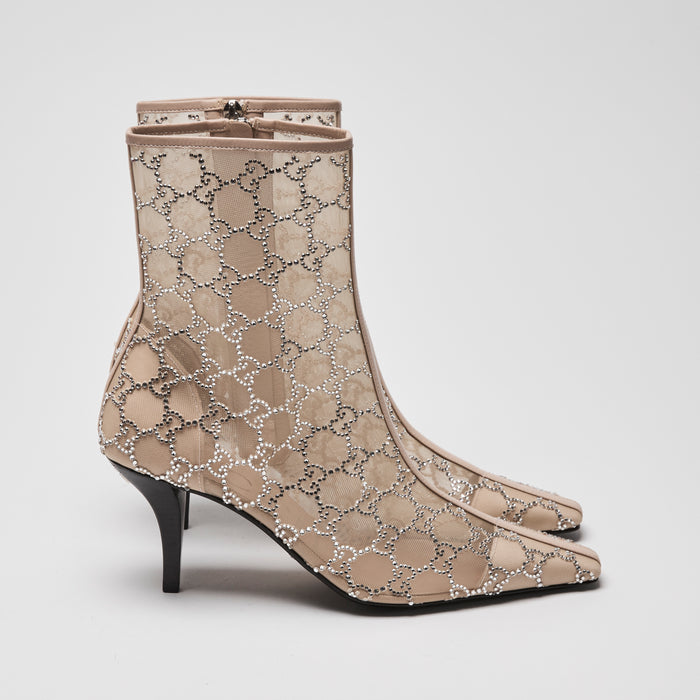 Gucci Beige Mesh Crystal GG Boots Size 39