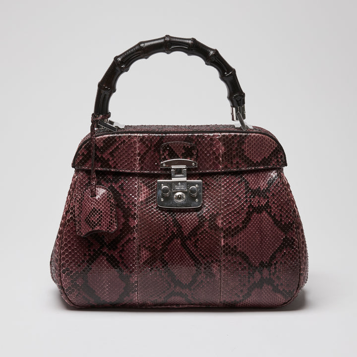 Gucci Purple Python Leather Lady Lock Bamboo Top Handle Bag