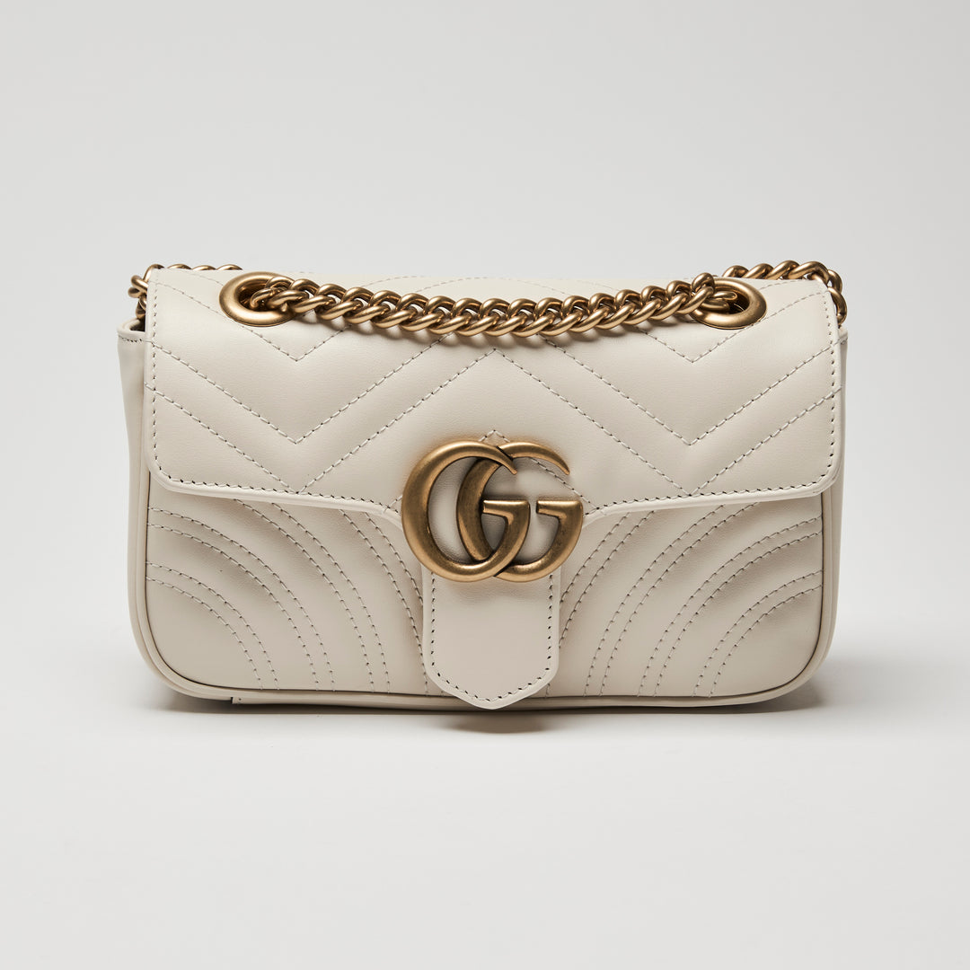 Gucci White Calfskin Leather Small GG Marmont Chain Flap Bag