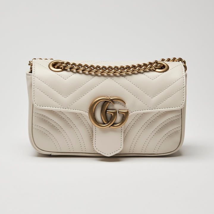 Gucci White Calfskin Leather Small GG Marmont Chain Flap Bag
