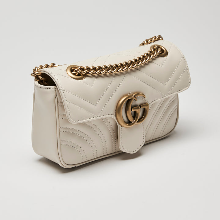 Gucci White Calfskin Leather Small GG Marmont Chain Flap Bag