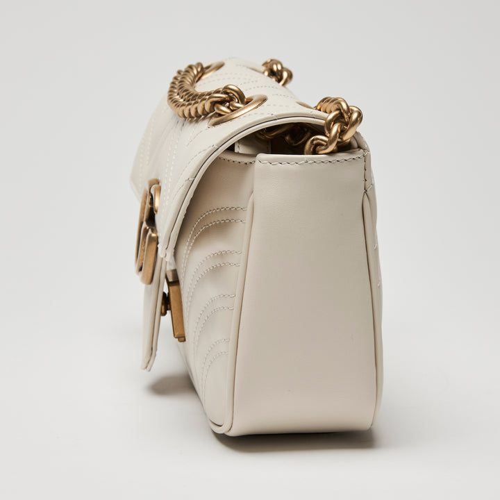 Gucci White Calfskin Leather Small GG Marmont Chain Flap Bag