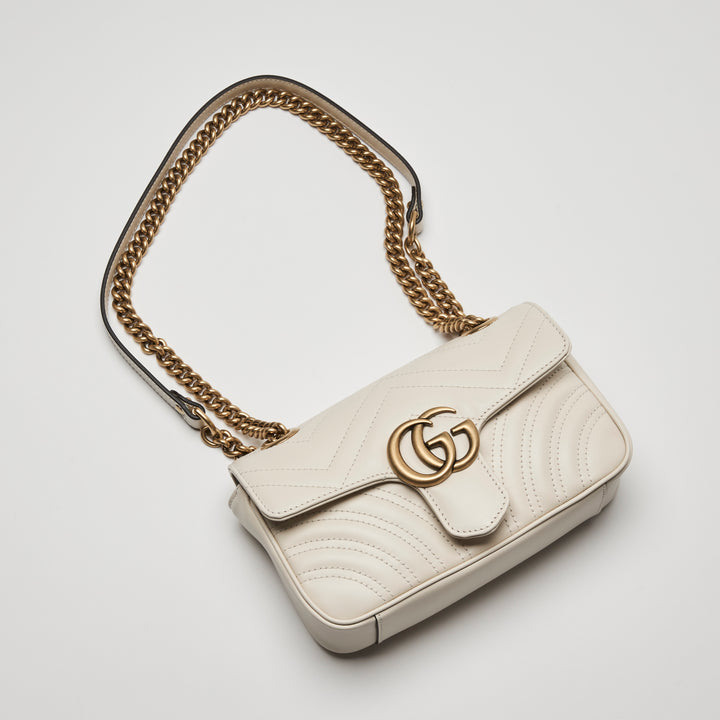 Gucci White Calfskin Leather Small GG Marmont Chain Flap Bag