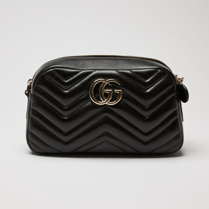 Gucci Black Matelassé Chevron Leather GG Marmont Small Camera Bag