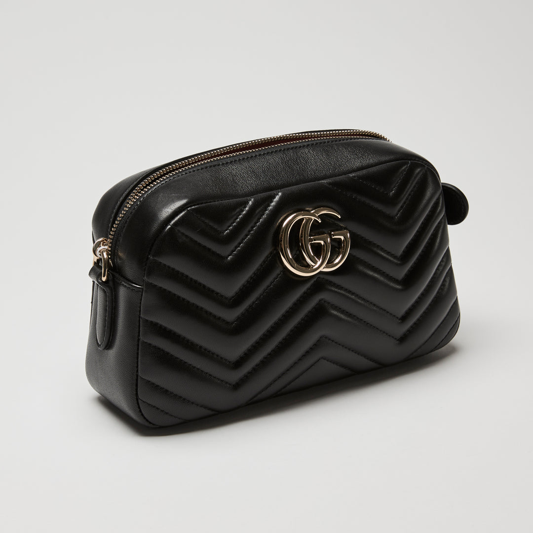 Gucci Black Matelassé Chevron Leather GG Marmont Small Camera Bag