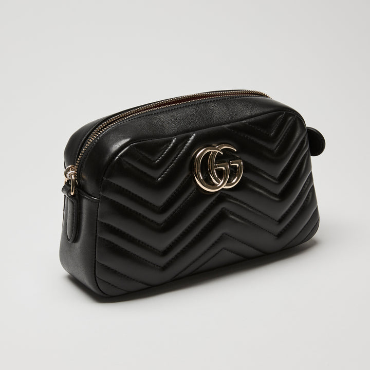 Gucci Black Matelassé Chevron Leather GG Marmont Small Camera Bag