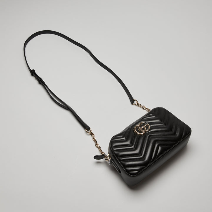 Gucci Black Matelassé Chevron Leather GG Marmont Small Camera Bag
