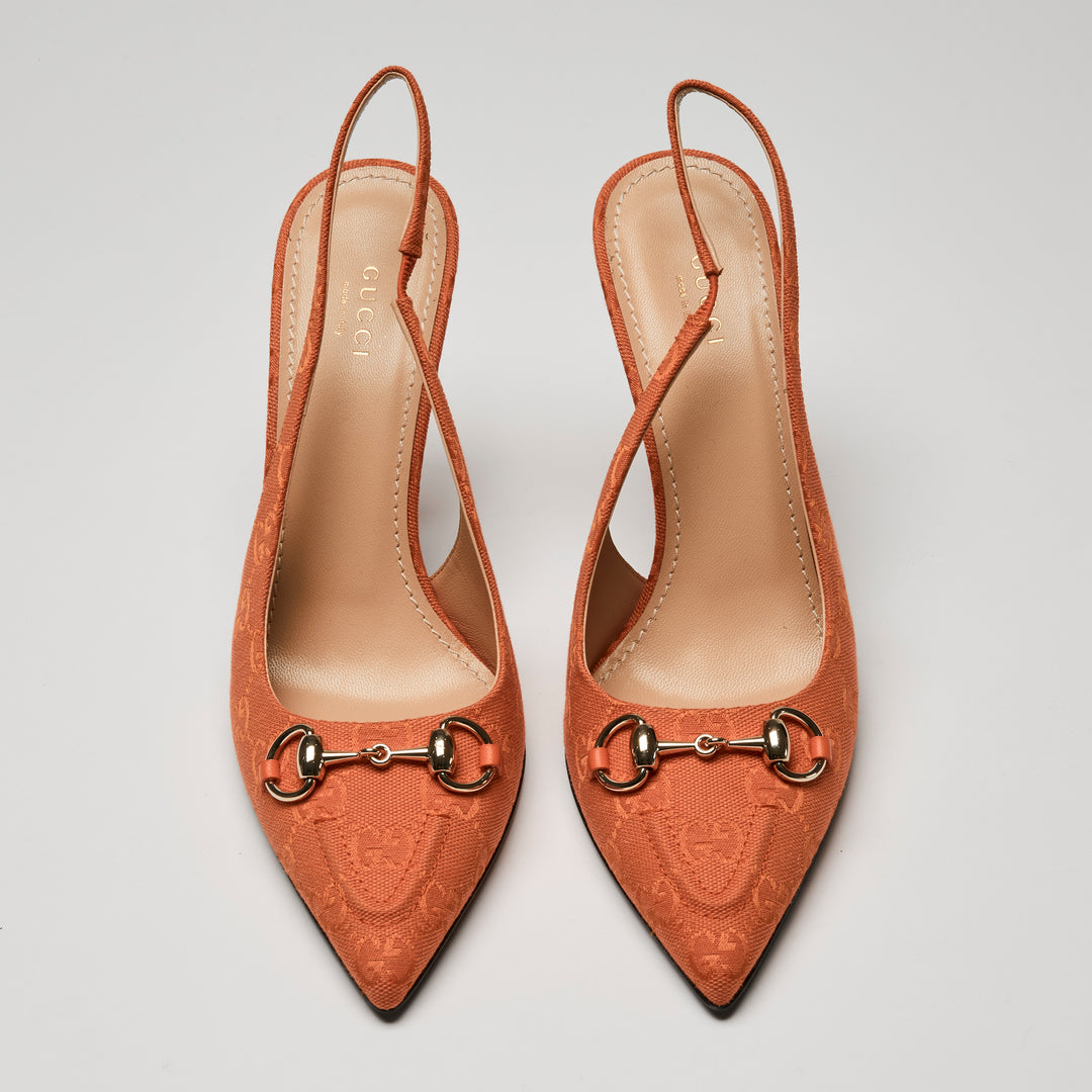 Gucci Orange GG Canvas Horsebit Slingbacks Size 40