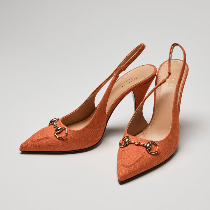 Gucci Orange GG Canvas Horsebit Slingbacks Size 40