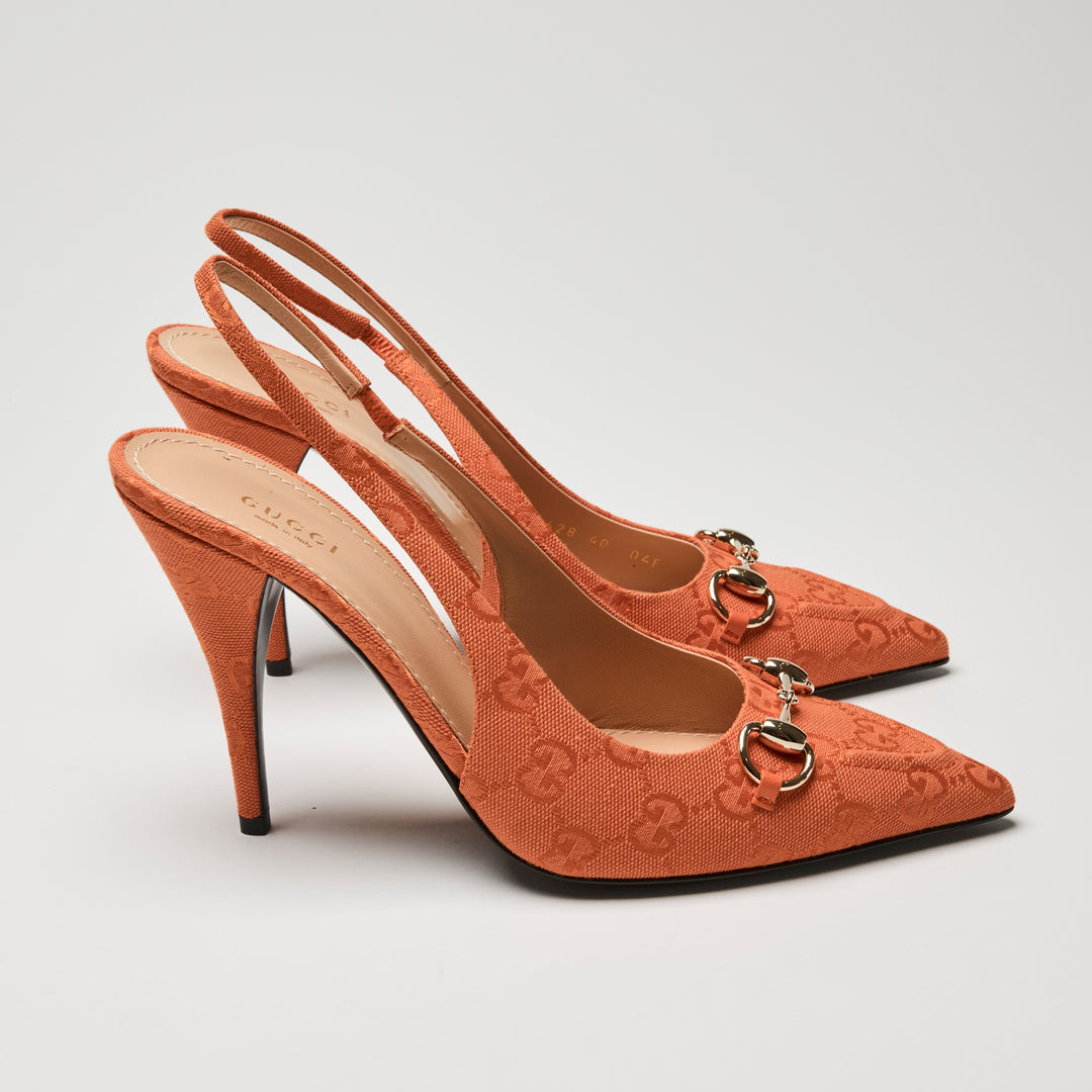 Gucci Orange GG Canvas Horsebit Slingbacks Size 40