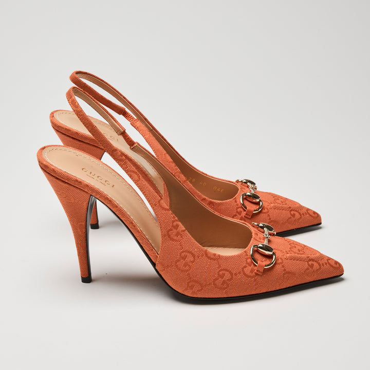 Gucci Orange GG Canvas Horsebit Slingbacks Size 40