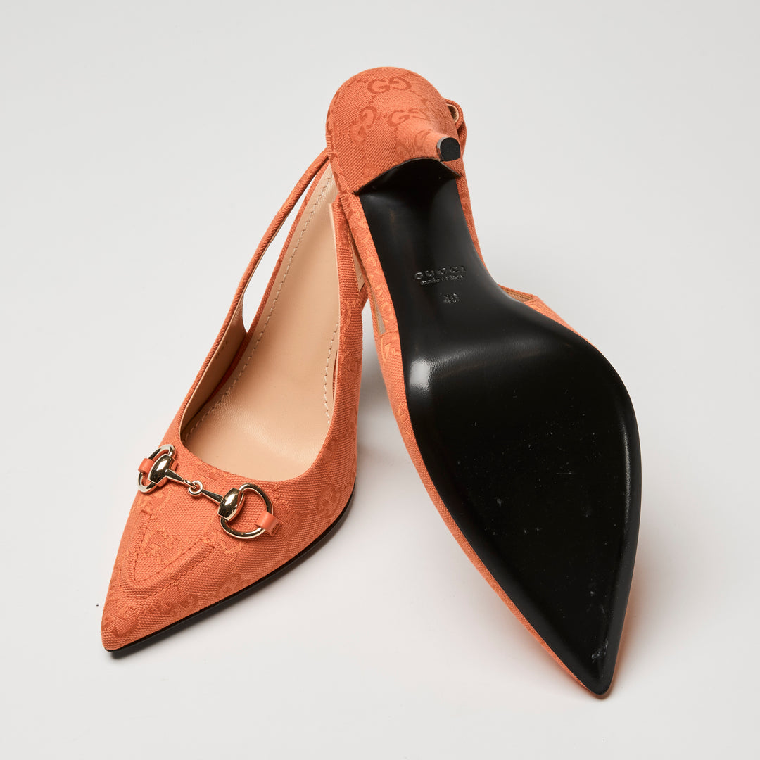 Gucci Orange GG Canvas Horsebit Slingbacks Size 40