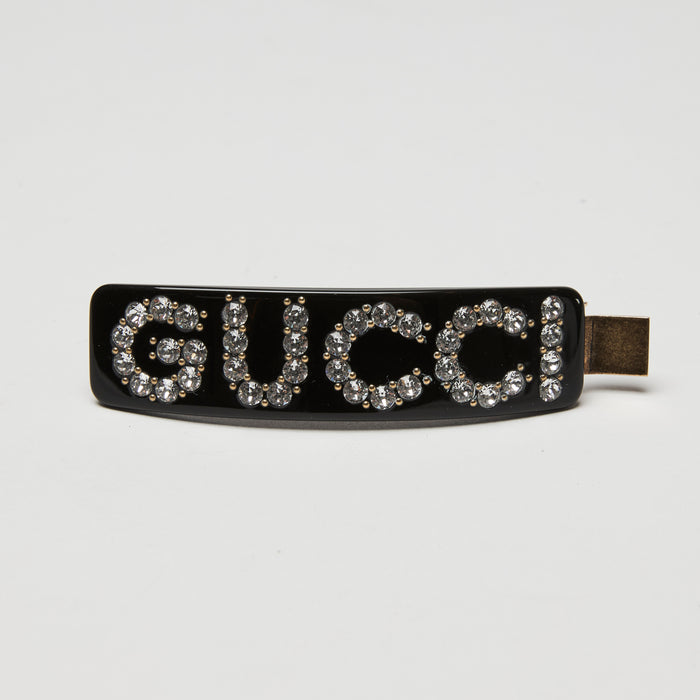 Gucci Black Resin Crystal Logo Hair Clip