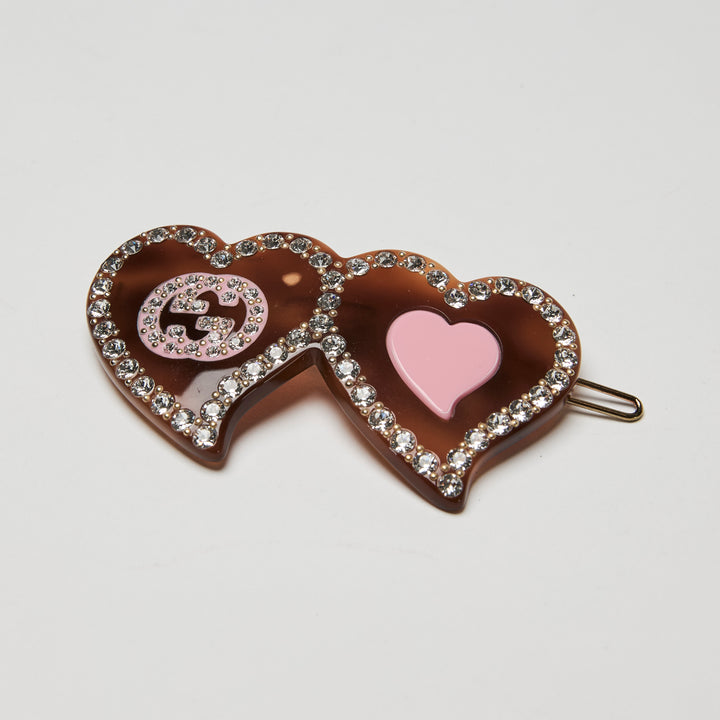 Gucci Tortoise Shell & Pink Double Heart GG Crystal Hair Clip