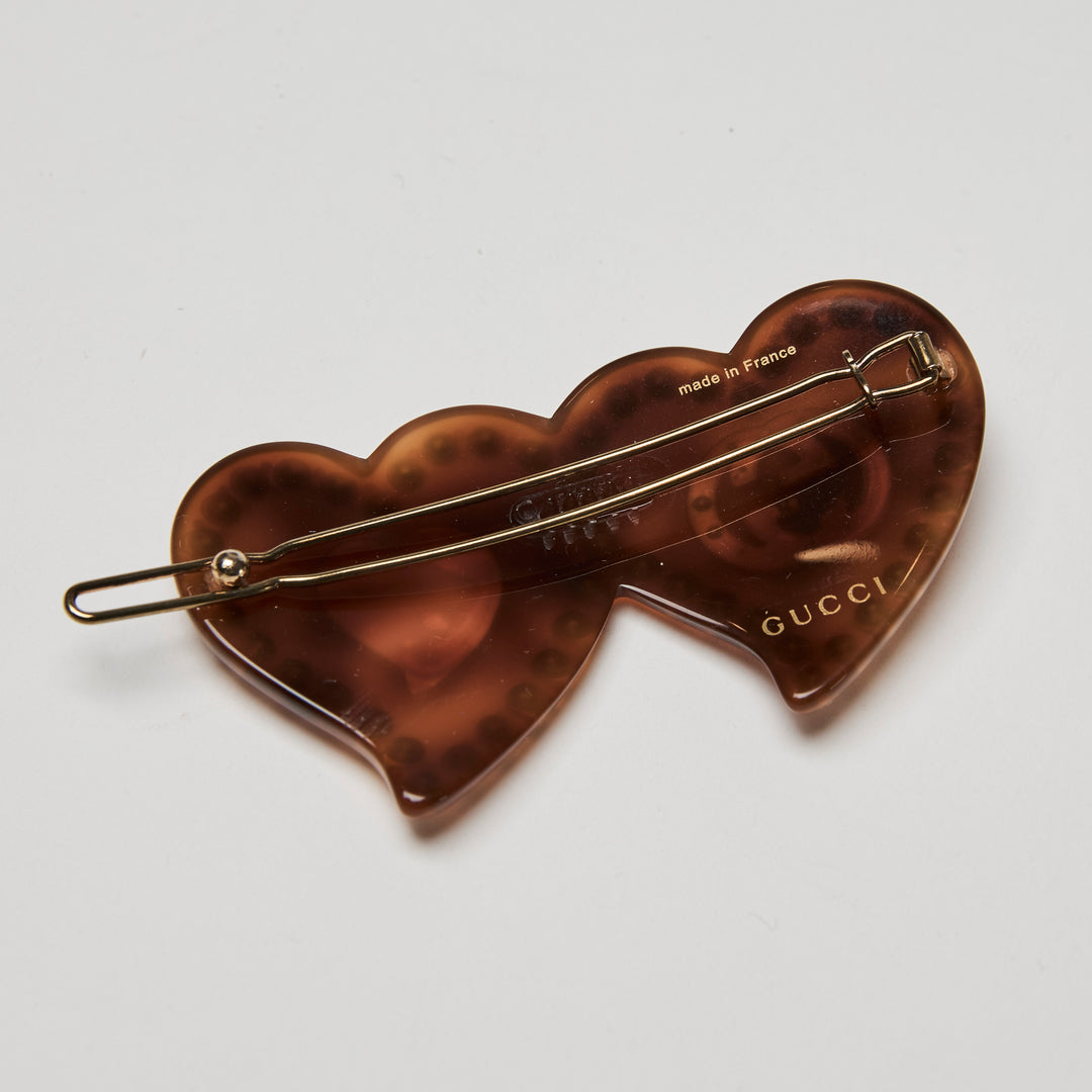 Gucci Tortoise Shell & Pink Double Heart GG Crystal Hair Clip