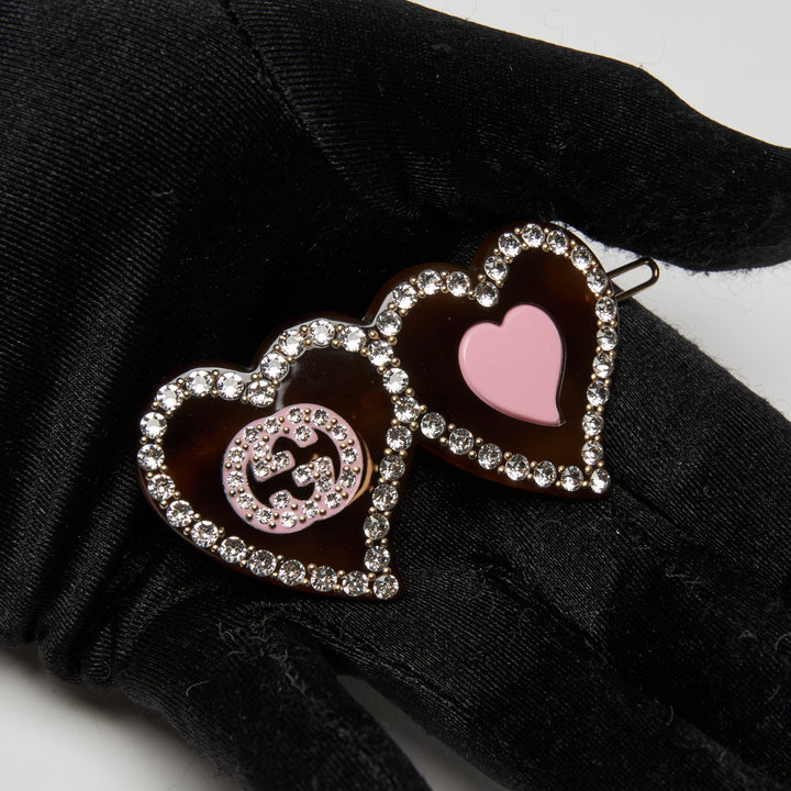 Gucci Tortoise Shell & Pink Double Heart GG Crystal Hair Clip