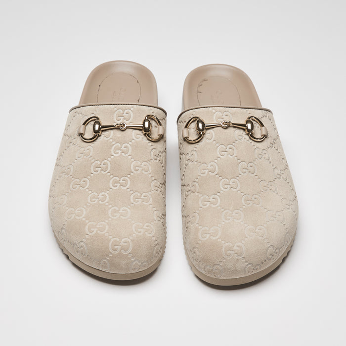 Gucci Beige GG Suede Light Gold Horsebit Mules Size 39