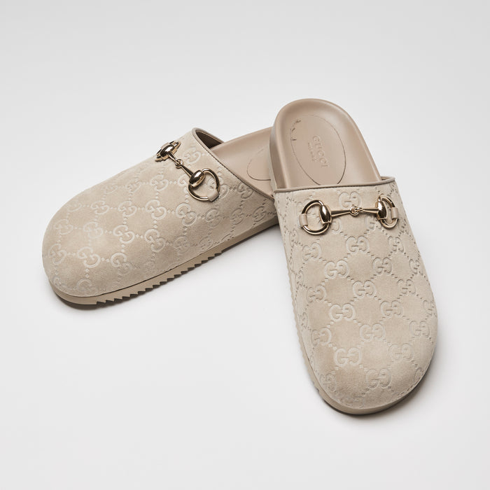 Gucci Beige GG Suede Light Gold Horsebit Mules Size 39