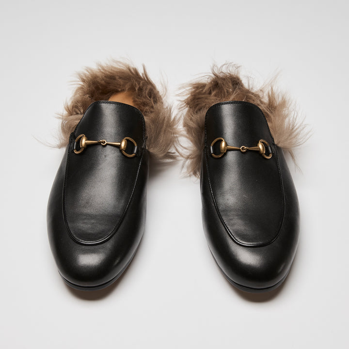 Gucci Black Nappa Leather Fur Accent Horsebit Mules Size 41.5