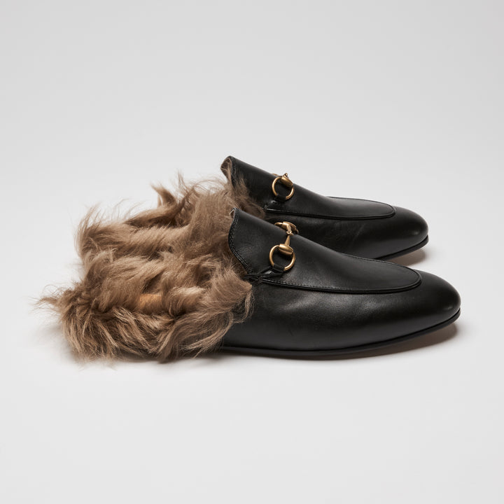 Gucci Black Nappa Leather Fur Accent Horsebit Mules Size 41.5
