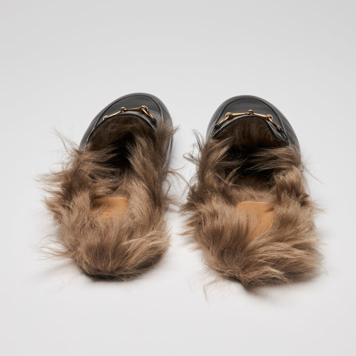 Gucci Black Nappa Leather Fur Accent Horsebit Mules Size 41.5