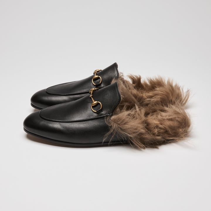 Gucci Black Nappa Leather Fur Accent Horsebit Mules Size 41.5