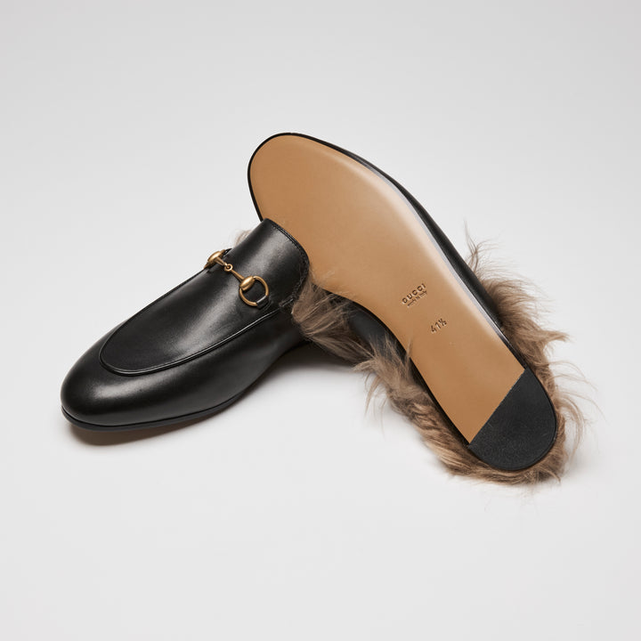 Gucci Black Nappa Leather Fur Accent Horsebit Mules Size 41.5