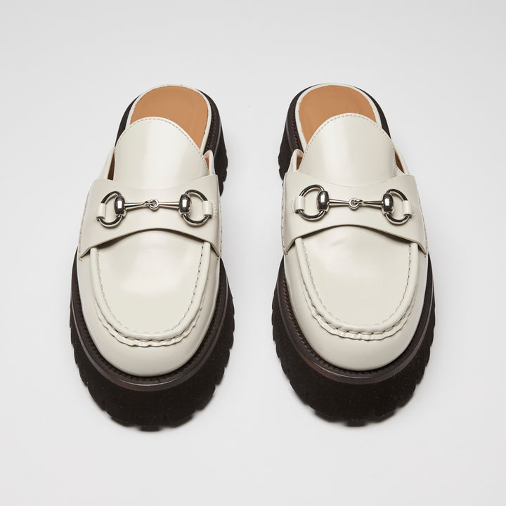 Gucci White Calf Leather Horsebit Platform Mules Size 40