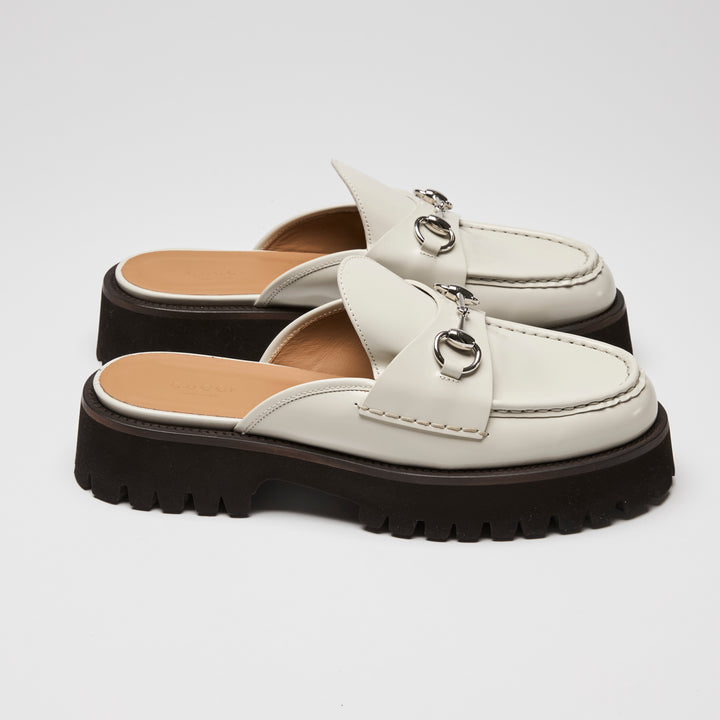 Gucci White Calf Leather Horsebit Platform Mules Size 40