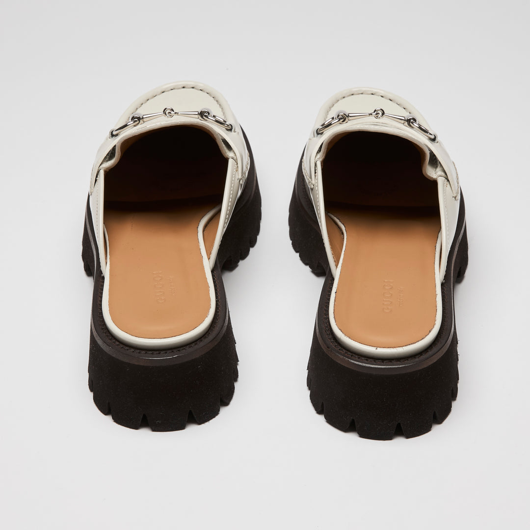 Gucci White Calf Leather Horsebit Platform Mules Size 40