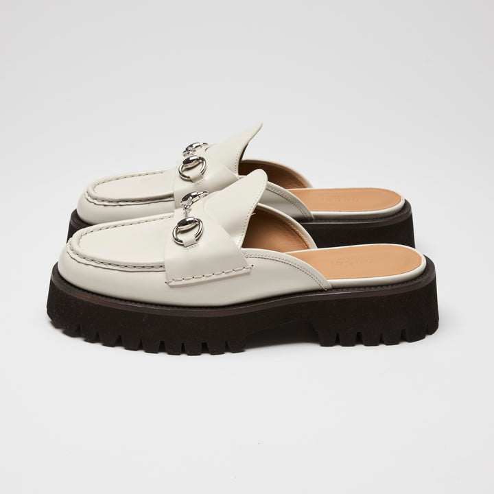 Gucci White Calf Leather Horsebit Platform Mules Size 40