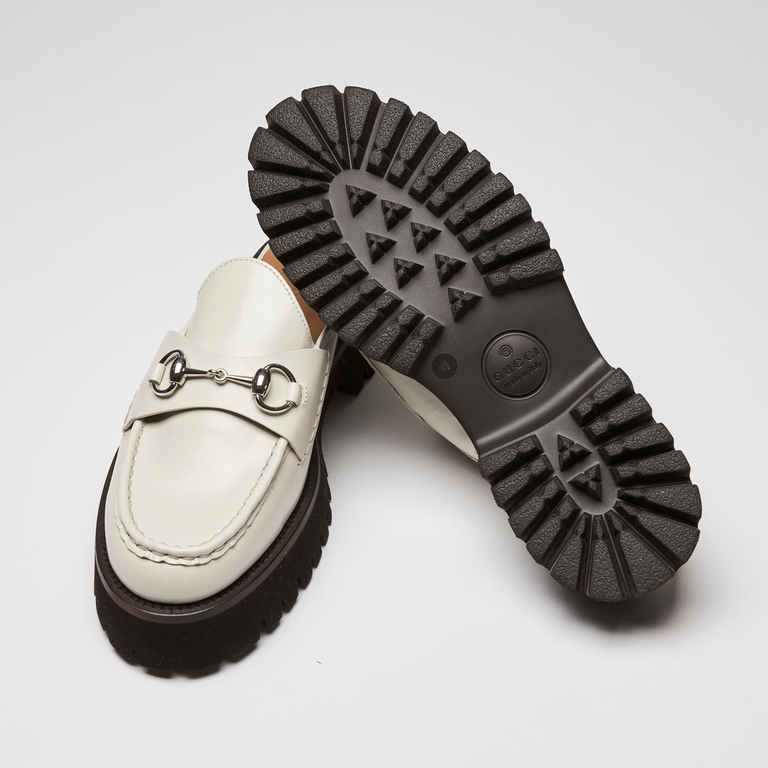 Gucci White Calf Leather Horsebit Platform Mules Size 40