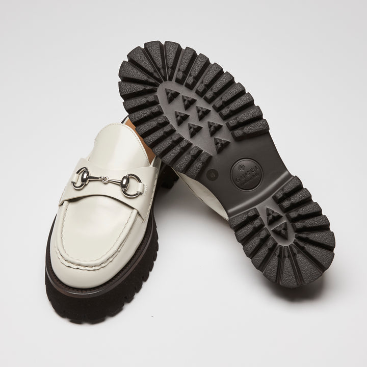 Gucci White Calf Leather Horsebit Platform Mules Size 40