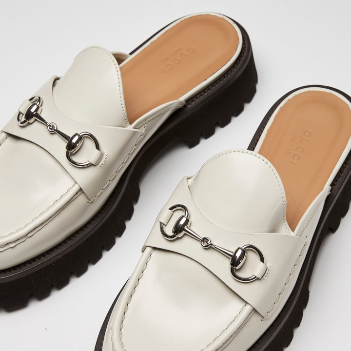Gucci White Calf Leather Horsebit Platform Mules Size 40