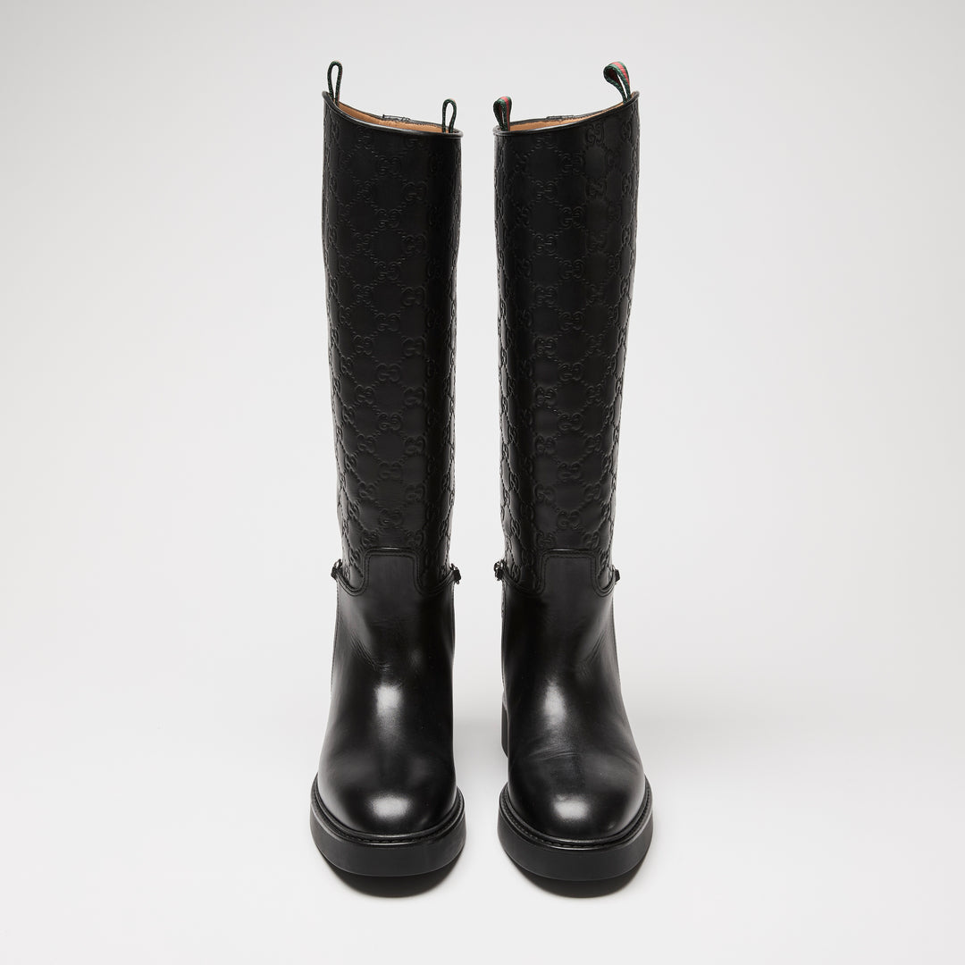 Gucci Black GG Embossed Monogram Leather Edith Riding Boots Size 40