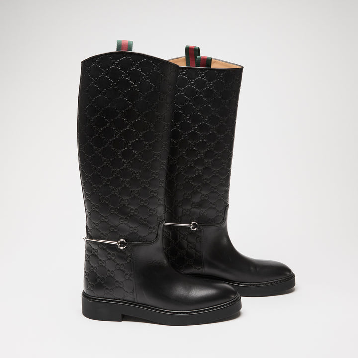 Gucci Black GG Embossed Monogram Leather Edith Riding Boots Size 40