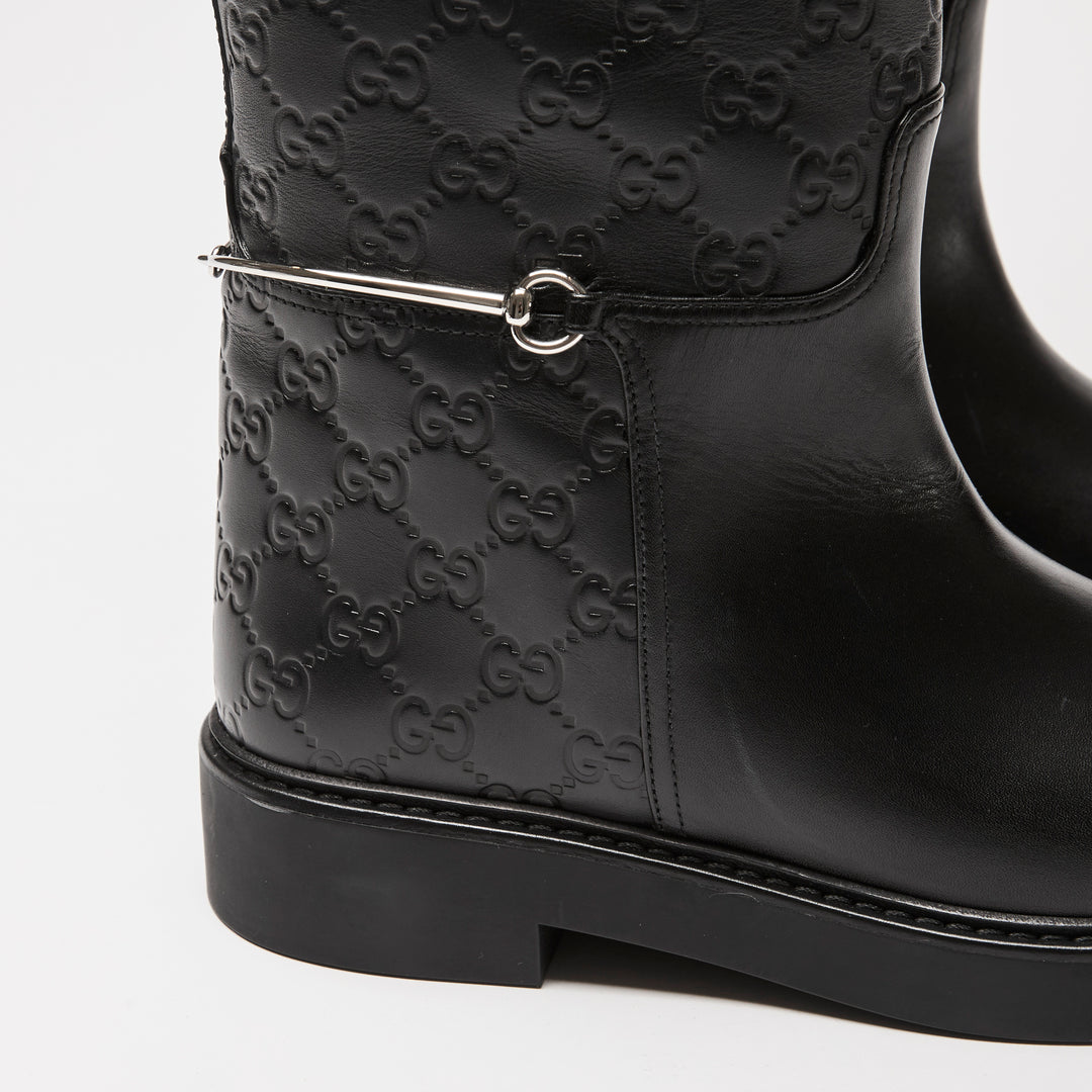 Gucci Black GG Embossed Monogram Leather Edith Riding Boots Size 40