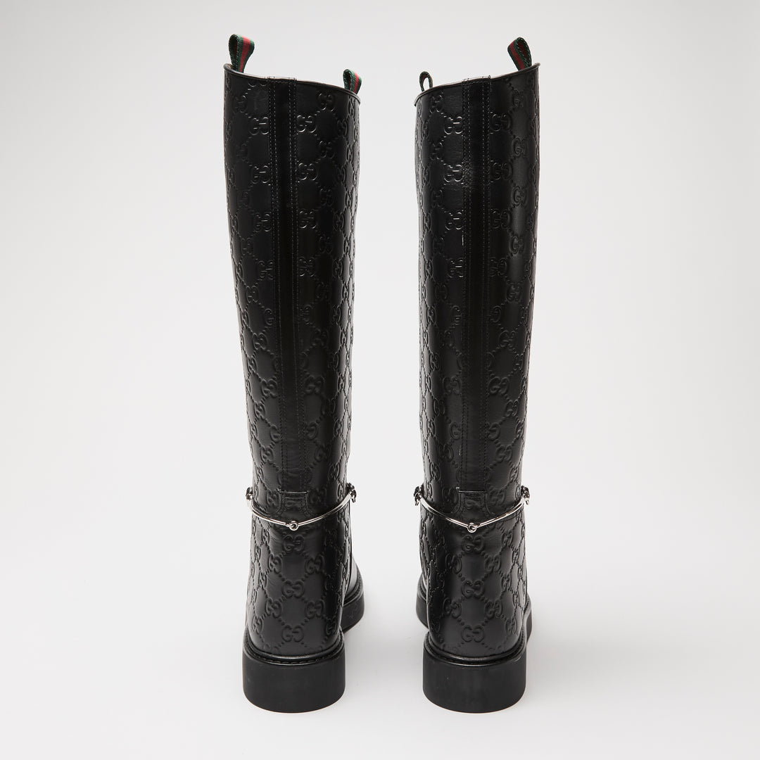 Gucci Black GG Embossed Monogram Leather Edith Riding Boots Size 40